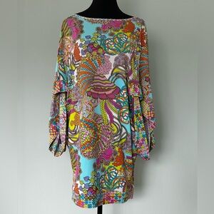 Trina Turk Psychedelic Print Bell Sleeve Beach Cover Up / Poolside Tunic Dress
